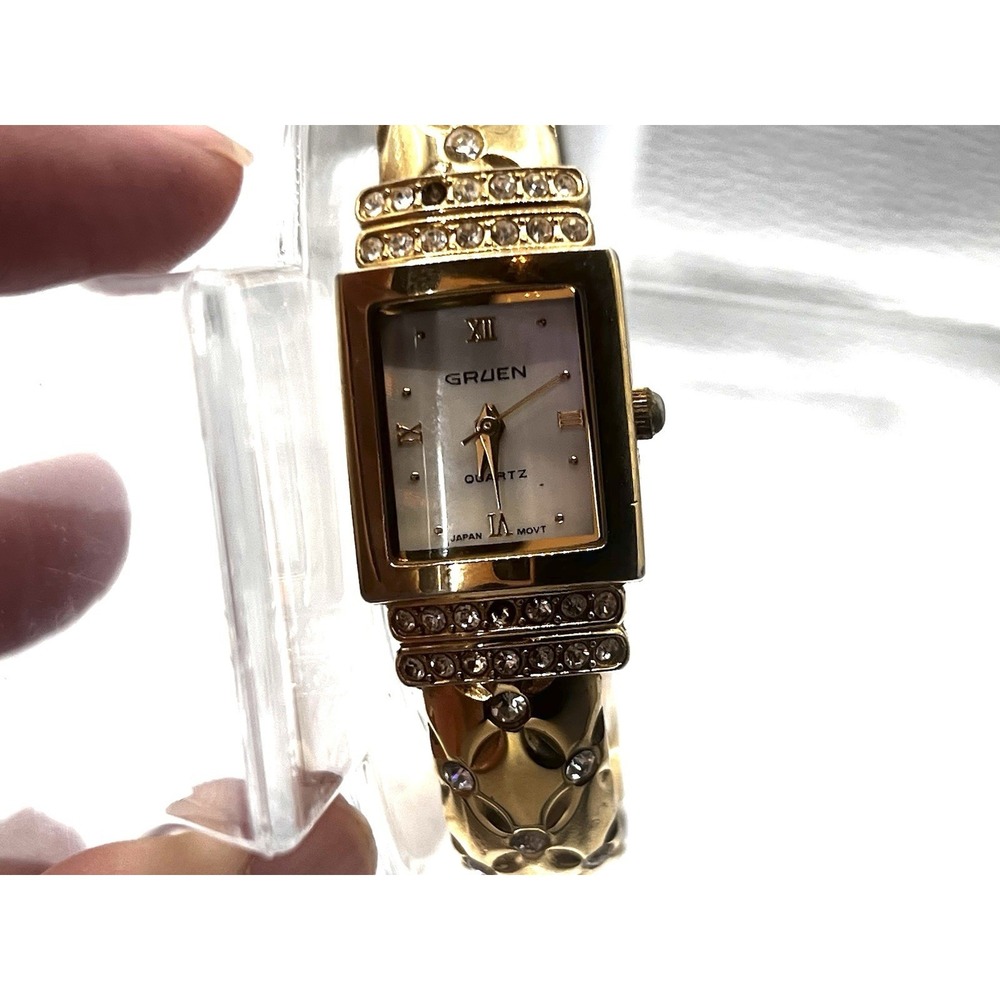 GRUEN Vintage Ladies Watch, Bangle, Rhinestone Gold Tone New Battery Quartz Mvmt